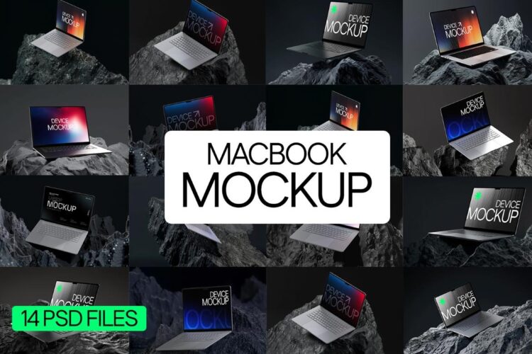 Mac book Laptop Mockup 14款岩石工业风Macbook苹果笔记本ui设计作品展示效果图ps样机