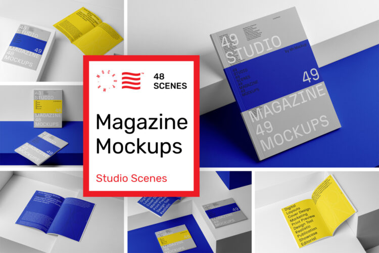 Magazine Mockups – Studio Scenes 48款时尚手册杂志画册封面内页设计作品展示效果图ps样机素材合集