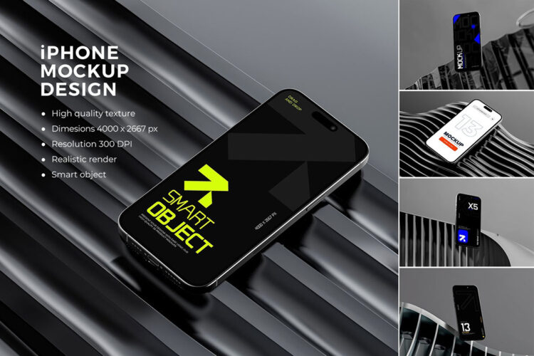 iPhone Figma app Mockup 7款金属工业风iPhone 16手机app应用ui设计作品展示效果图ps样机