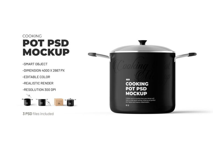 Cooking Pot Mockup 4款金属烹饪锅炊具包装盒模型品牌logo标识设计贴图psd样机素材