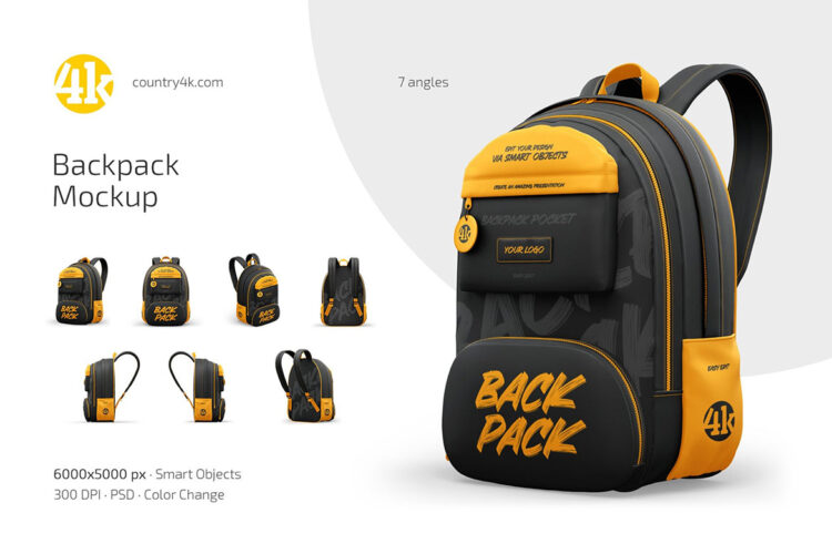 Backpack Mockup Set 双肩背包书包电脑包印花图案设计作品贴图ps样机素材展示效果模板