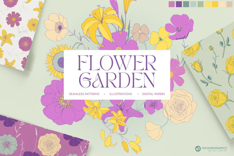 Flower Garden Seamless Patterns 春季时尚手绘线描花卉野花插图插画无缝拼接图案ai设计素材源文件