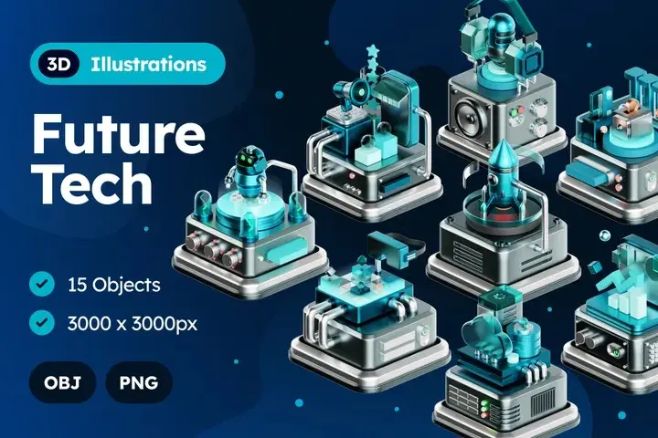 Future Technology 3D Icon Pack 15款未来科技Ai人工智能设备3D图标icon设计素材webp免抠图片