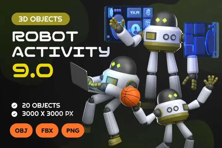 Robot Activity 9.0 3D Illustration Pack 20款3D卡通趣味未来科技人工智能机器人插图插画webp免抠图片素材