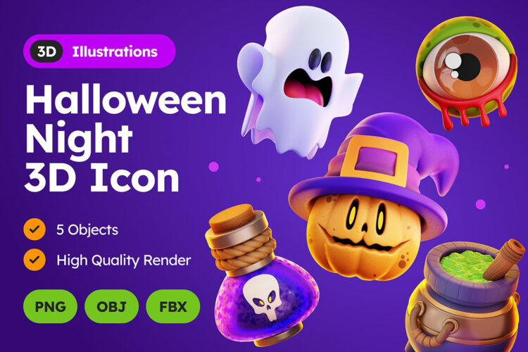 Halloween Night 3D Illustrations 11款3D趣味卡通万圣节恐怖游戏骷髅幽灵icon图标PNG图片