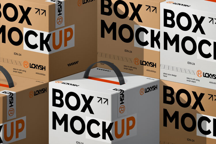 Box Mockup 手拎式礼品打包仓库纸箱纸盒模型品牌logo标识设计贴图ps样机素材