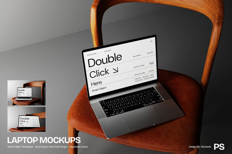 Branding Laptop Mockups 木椅上的品牌笔记本电脑模型屏幕展示设计贴图ps样机素材