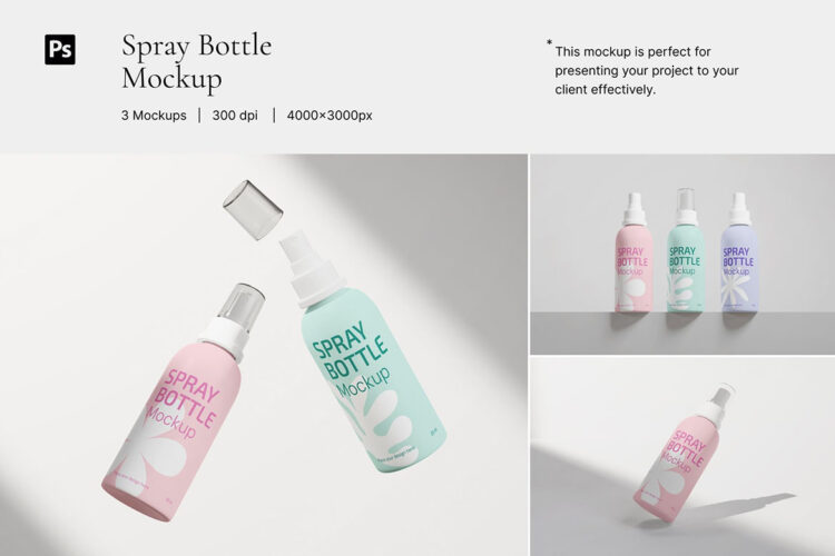 Spray Bottle Mockup 3款化妆护肤品按压瓶模型品牌logo标识设计贴图ps包装样机素材模板