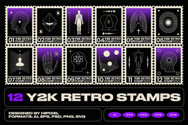 Y2K Retro Stamps 12款复古Y2K科技邮票排版插画矢量图形设计