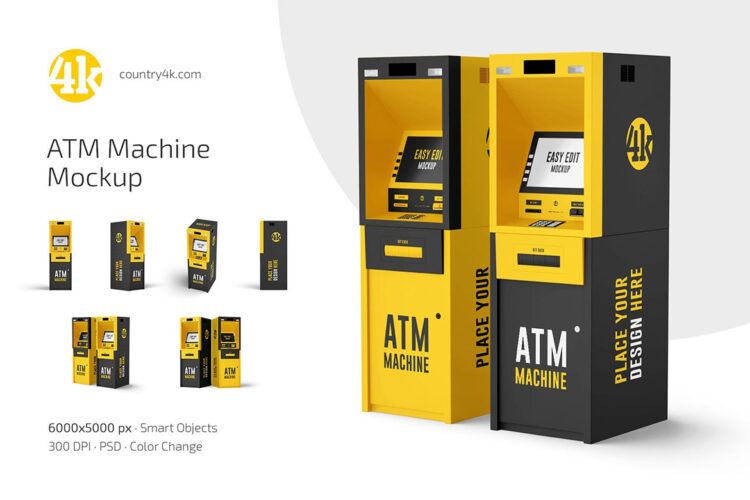 ATM Machine Mockup Set 6款ATM自助取款机外观模型设计效果图PS贴图样机模板素材