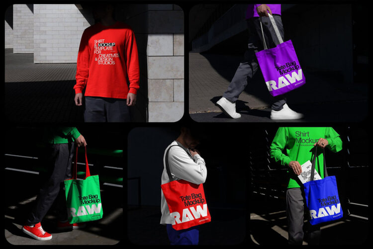 Tote Bag and Shirt Mockups RAW Series 6款高级黑化风真实帆布袋手提袋长袖衬衫T恤设计展示贴图PSD样机模板