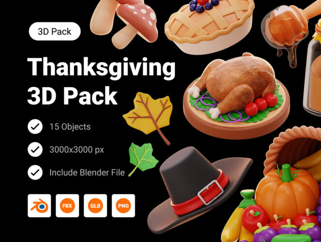 Thanksgiving & Autumn 3D Illustration 15款秋季感恩节农场食物农作物3D图标Icons设计Blender/PNG/FBX格式素材