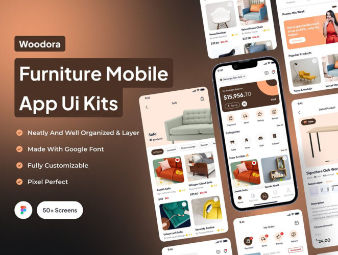 Woodora – Furniture Mobile App Ui Kits 50+屏软装家具移动手机app商城用户界面移动应用程序 UI 套件