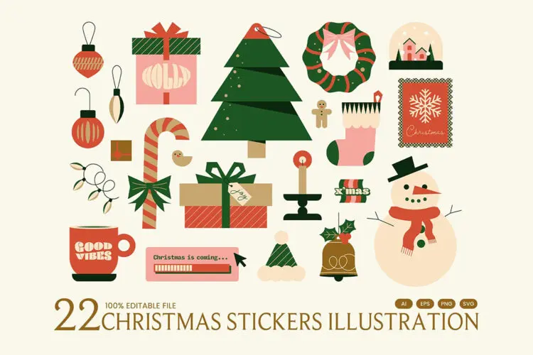 Christmas Stickers Set 22款圣诞节趣味手绘AI矢量插画插图icon图标PNG图形