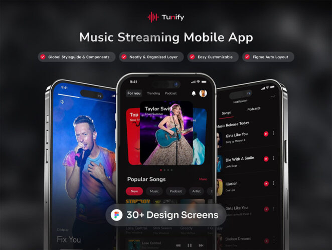 Music Streaming Mobile App UI Kits 音乐流媒体移动应用app用户界面设计UI套件模板