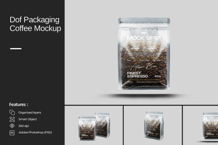 Dof Packaging Coffee Mockup 塑料透明咖啡豆品牌产品包装样机素材展示模板