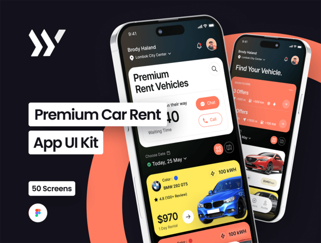 Premcar – Premium Car Rent App 50屏专业汽车租赁平台租车导航行程手机App应用ui界面设计模板