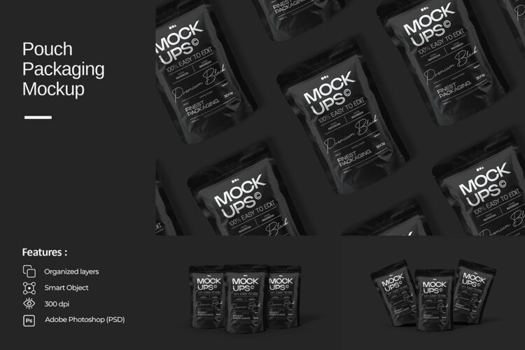 Pouch Packaging Mockup 黑化风咖啡食品包装袋自立袋塑料袋设计展示效果图PS贴图样机模板