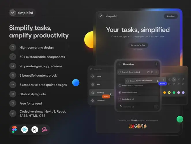 SimpleList Coded App Landing page Kit 50多个可定制极简待办事项列表应用 UI 设计套件 登陆页面