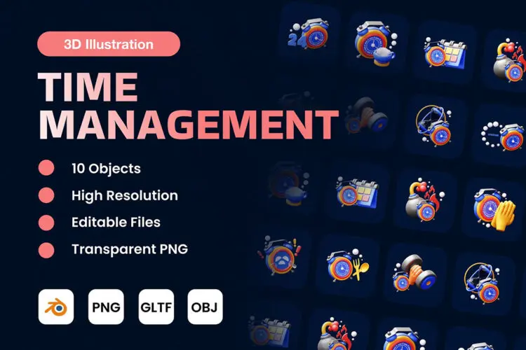 Time Management 3D Illustration 20款时间管理日程规划计时器3D图标icon设计素材webp免抠图片