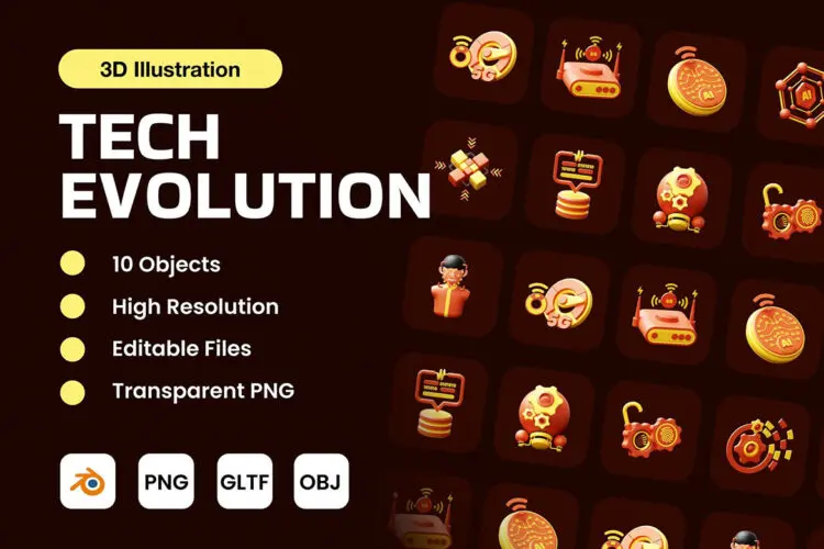 Tech Evolution 3D Illustration 20款人工智能Ai科技应用场景演示3D图标icon素材webp免抠图占位插画
