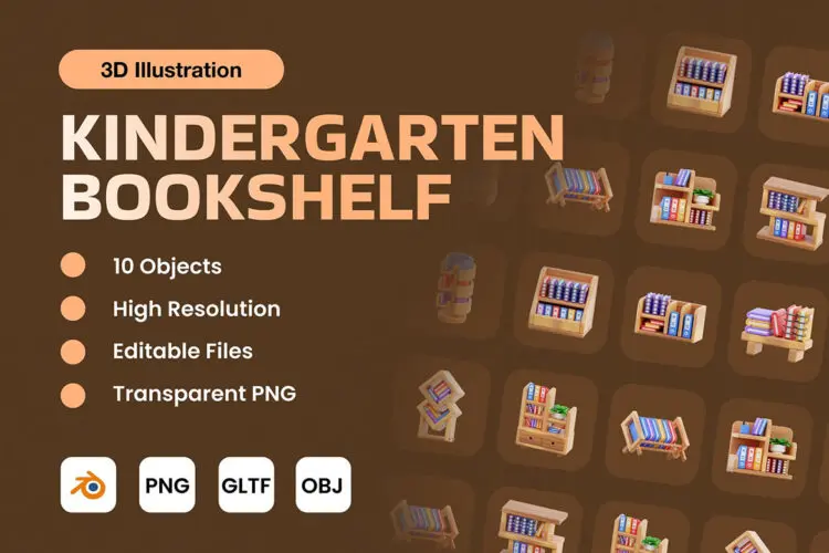 Kindergarten Bookshelf 3D Illustration 20款书架家具家居布置透视3D图标PNG素材