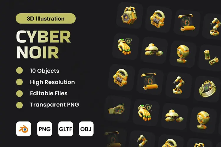 Cyber Noir 3D Illustration 20款3D立体未来科技机械臂基因技术信息加密app应用icon图标webp免抠图片素材