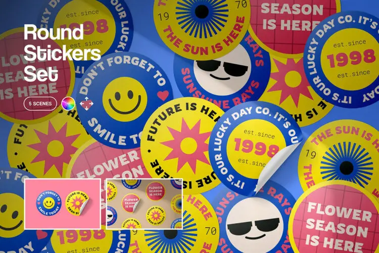 Round Stickers Mockup Set 5款圆形贴纸模型品牌logo标识设计贴图ps样机素材