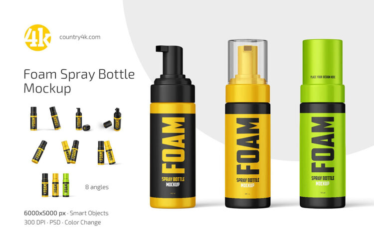 Foam Spray Bottle Mockup Set 化妆品按压泡沫喷雾瓶模型品牌包装设计贴图ps样机素材