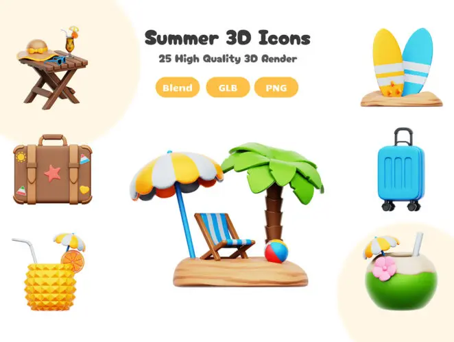 Summer Holiday 3D Icons Set 25款夏季暑期海边沙滩游乐主题元素卡通插图插画webp免抠图设计素材
