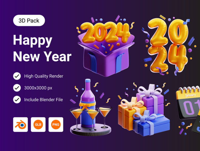 Happy New Year 3D Icon Pack 5款2024年新年庆典节日派对主题元素3D图标icon素材png免抠图片