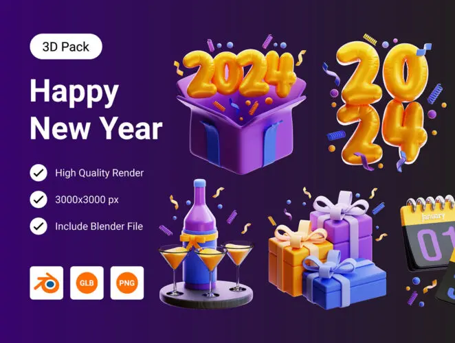 Happy New Year 3D Icon Pack 5款2024年新年庆典节日派对主题元素3D图标icon素材webp免抠图片