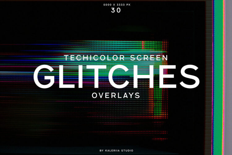 30 Technicolor Screen Glitches Overlays 30张彩色条纹屏幕信号故障像素纹理背景图片叠加设计素材