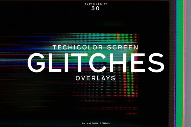 30 Technicolor Screen Glitches Overlays 30张彩色条纹屏幕信号故障像素纹理背景图片叠加设计素材