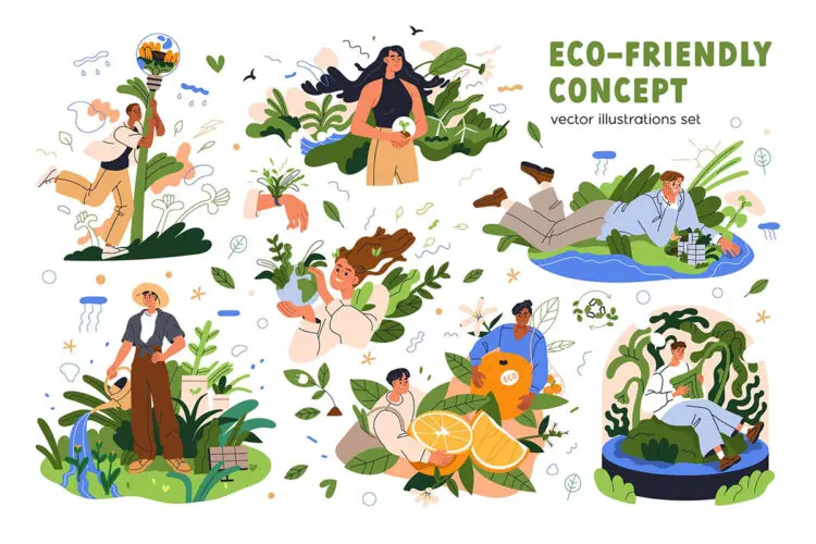 Green eco-friendly lifestyle Ecology concept set 绿色环保的生活方式人物插图插画webp免抠图片素材
