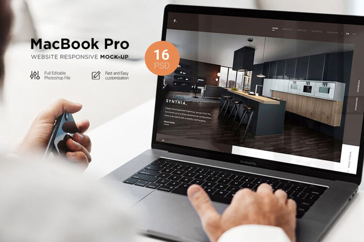 MacBook Pro Responsive Mock-Up 苹果MacBook笔记本网页ui界面设计作品ps样机素材国外设计模板