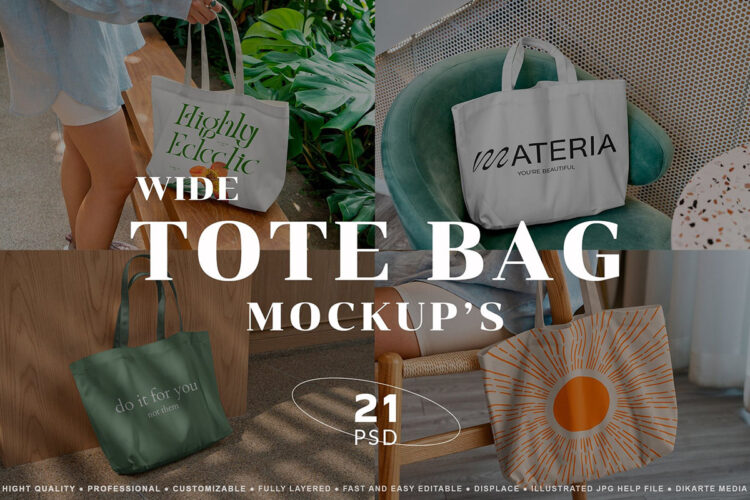 Wide Tote Bag Mockups 21款网红模特托特包帆布包手提袋PS样机素材街拍场景展示效果图