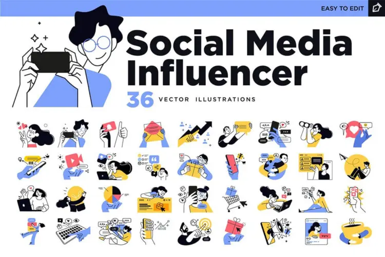Social Media Influencer Concept Illustrations 36幅手绘人物社交电商营销场景演示插图插画矢量设计素材