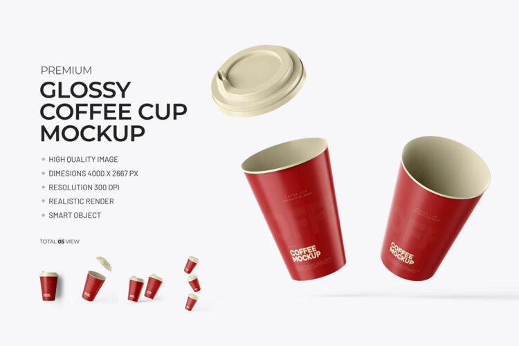 Paper Coffee Cup PSD Mockup 5款外卖咖啡纸杯模型杯身品牌logo标识设计贴图psd样机素材