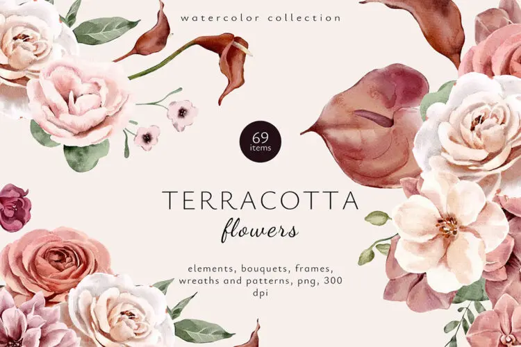 Terracotta Watercolor Set 清新优雅手绘水彩红陶花朵花卉边框背景无缝图案图片插图插画设计素材