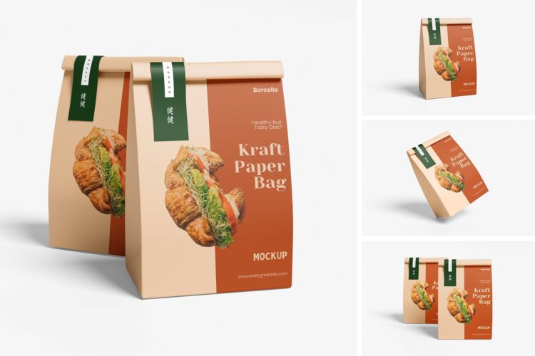 Kraft Paper Bag Mockup 食品面包容器袋模型品牌包装设计贴图ps样机素材模板