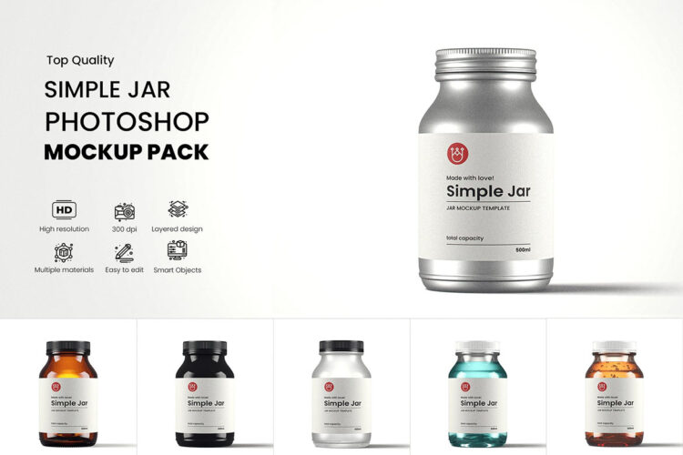 32 Oz Clear Jar Mockup Pack 9款32盎司铝制磨砂哑光透明玻璃液体瓶模型瓶身包装设计贴图psd样机素材