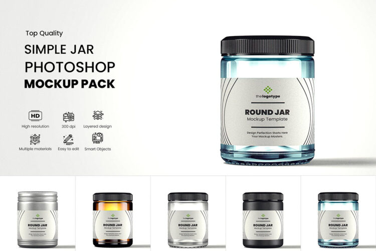 Straight-sided Round Jar Mockup Pack 5款铝制磨砂哑光玻璃罐模型罐身包装设计贴图ps样机素材