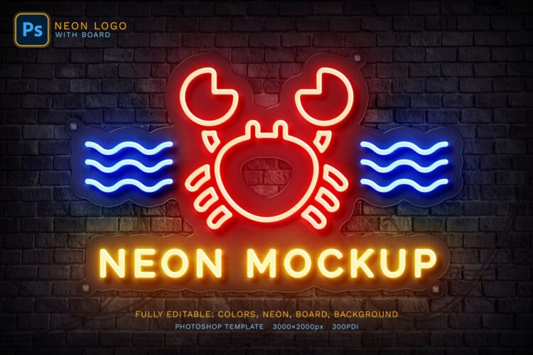 Neon Logo Mockup 4款标志logo标识霓虹灯发光招牌字ps特效样机素材预设模板