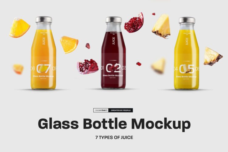 Mockup Glass Juice Bottle 7 juice samples 7种果汁玻璃瓶模型瓶身包装品牌logo标识设计贴图ps样机素材