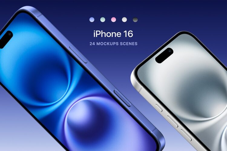 iPhone 16 – 24 Mockups Scenes 24款多配色苹果iPhone 16手机广告ui作品演示ps样机展示效果图