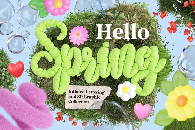 Hello Spring 3D Lettering Set 趣味充气泡泡春季营销海报广告装饰元素png插图插画设计素材