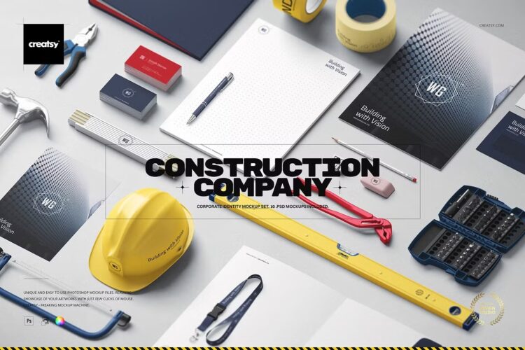 Construction Company Identity Mockup 10款装修建筑工程企业公司VI应用文具设计作品ps样机展示效果图