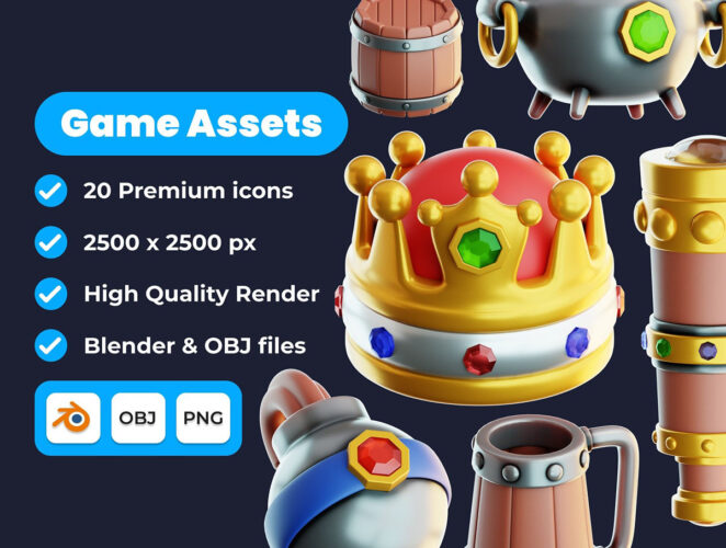 Game Assets 3D Illustration Pack 20款游戏道具装备3D图标icon素材png免抠图文件