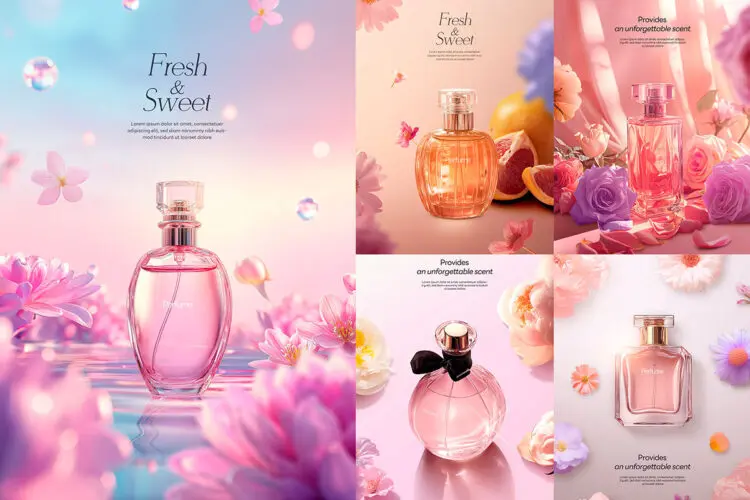 Fresh & Sweet Cosmetic AD Design 14款缤纷时尚自然花卉香氛化妆品香水KV主视觉海报设计ps分层素材